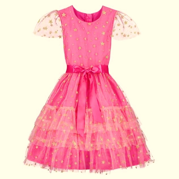 🎉HP🎉💖LONDON GOLD STAR DRESS HOT PINK BY HOLLY HASTIE PINK TULLE FRILL GLITTER - Picture 5 of 8
